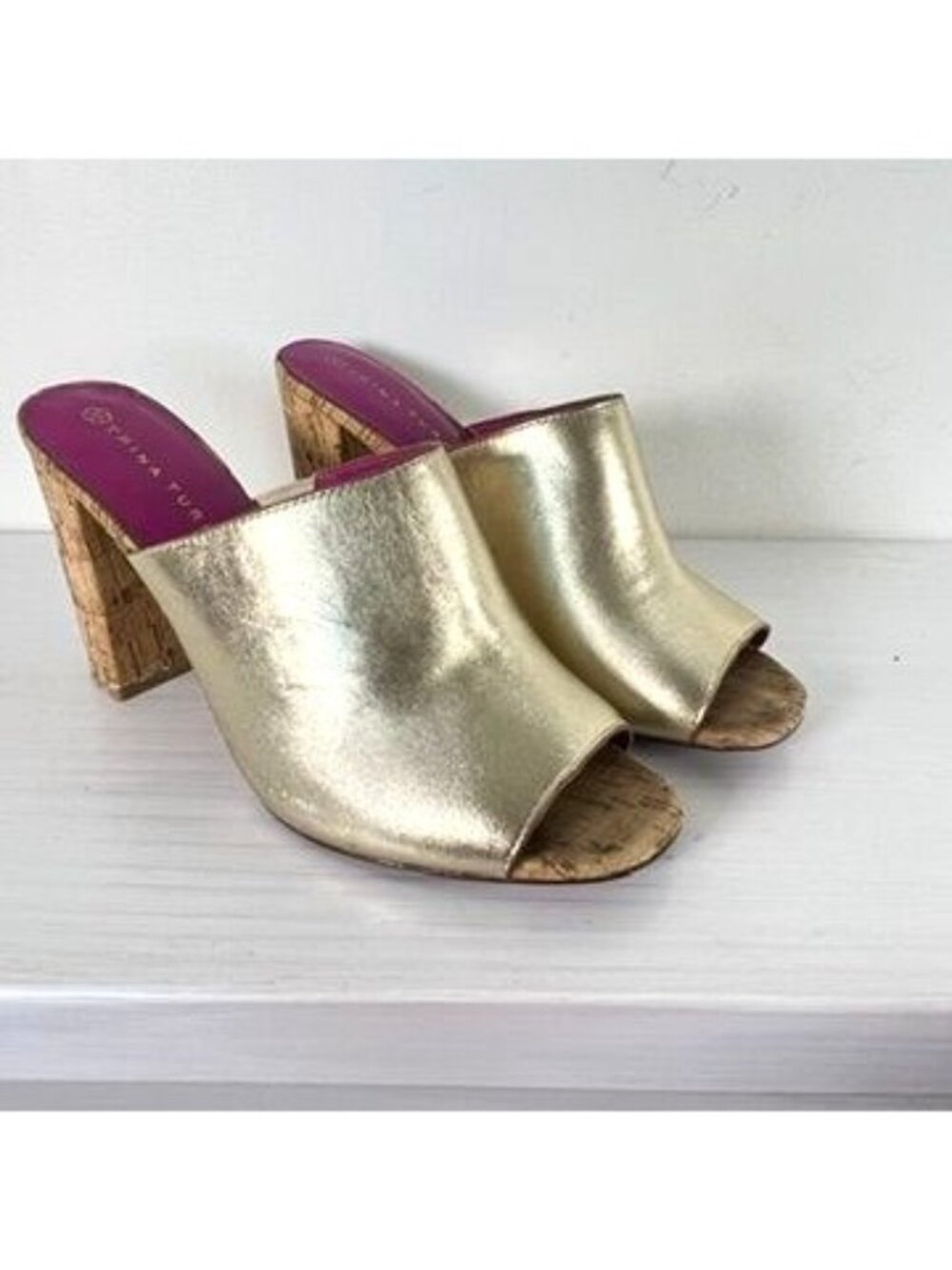 Trina Turk Gold Metallic Leather Cork Block Heel Peep Toe Mule Slides 9M Resort - Picture 2 of 13